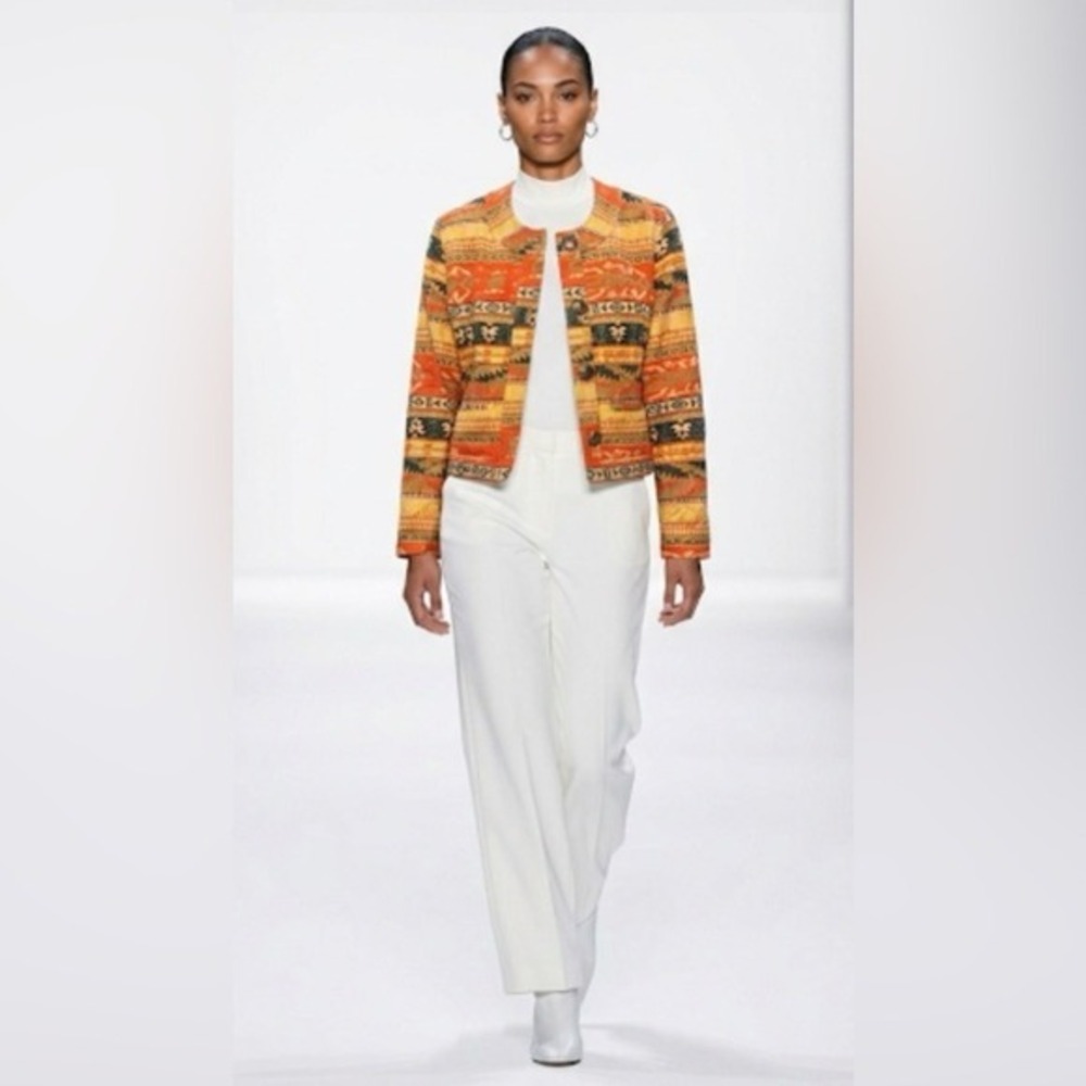 Chicos Southwestern Tapestry Jacket Silk Blend Geometric Orange Gold Size 1 S M